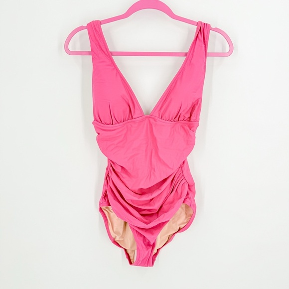 J. Crew Pink One Piece Swimsuit with Ruched V-Neck - Picture 3 of 5
